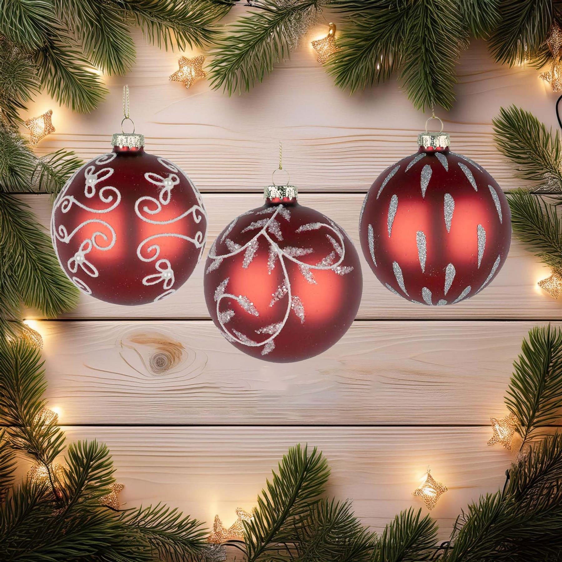 Glass Baubles 12Pcs Set - Red 12 Assorted Design 8Cm