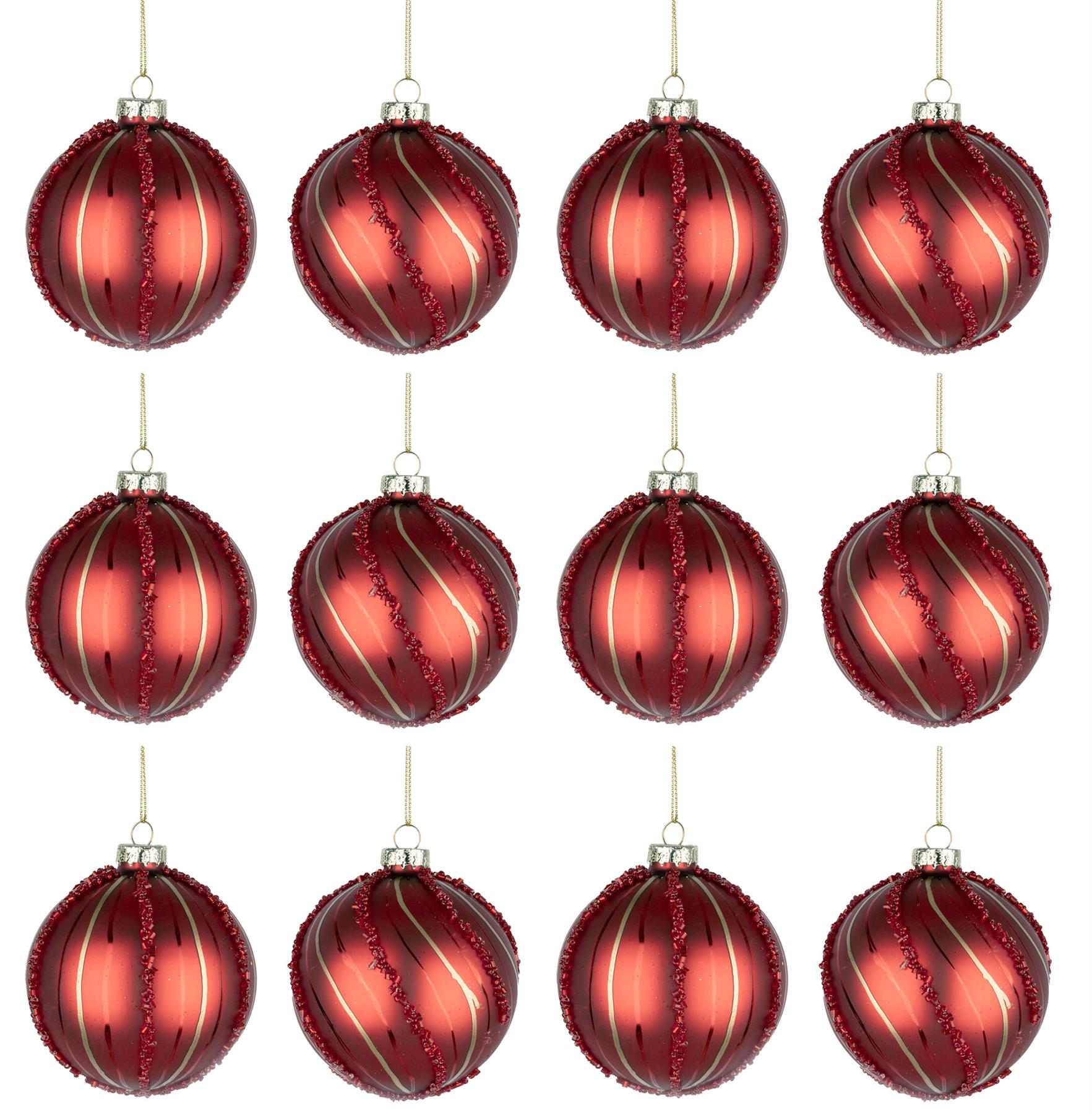 Glass Baubles 12Pcs Set - Red 2 Assorted Design 8Cm