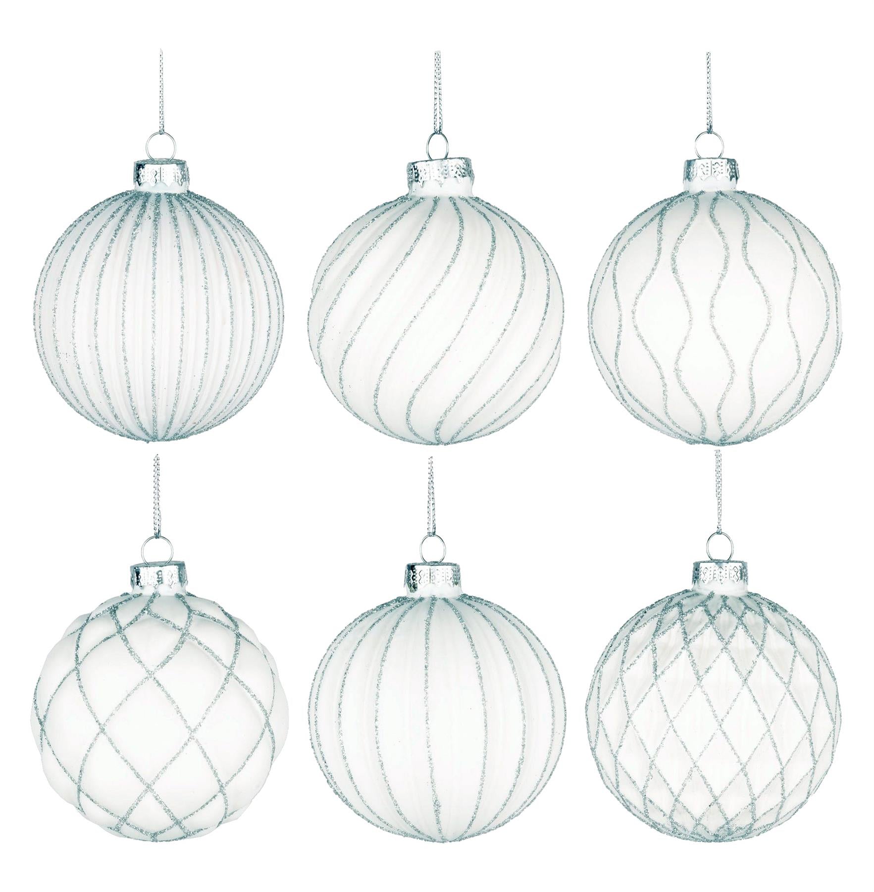 Glass Baubles 12Pcs Set - White 6 Assorted Design 8Cm