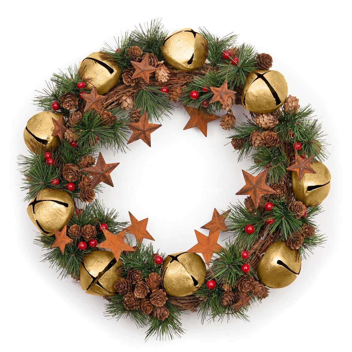 Jingle Bell Wreath With Gold Bells Stars Pinecones And Red Berries 40Cm