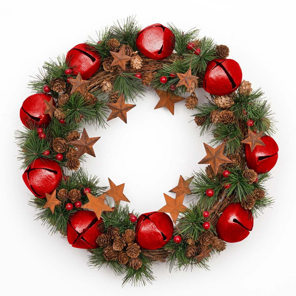 Jingle Bell Wreath With Red Bells Stars Pinecones And Red Berries 40Cm