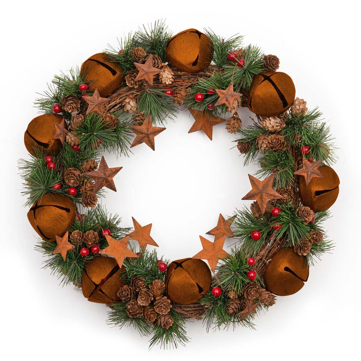 Jingle Bell Wreath With Rustic Bells Stars Pinecones And Red Berries 40Cm