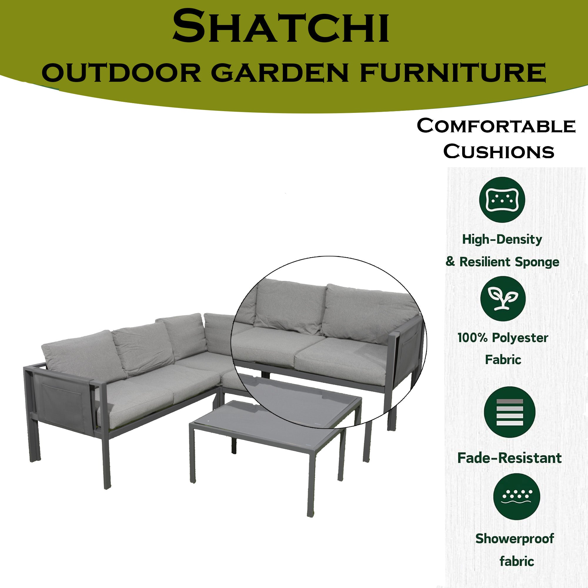 Marseilles Corner Sofa 5 Seater Outdoor Conversation Set w/ Loveseats, Coffee Table & Mesh Pocket Grey