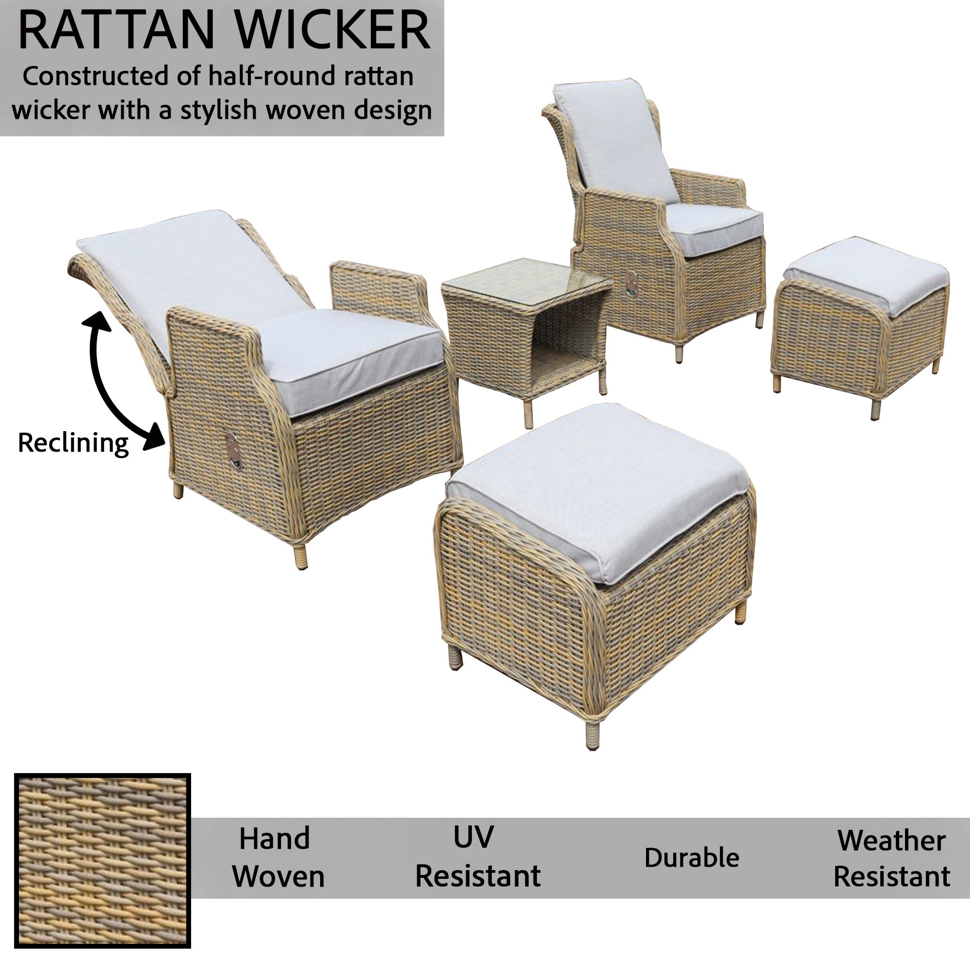 Monte Carlo Luxury Recliners Garden Rattan Bistro 5Pcs Set Beige