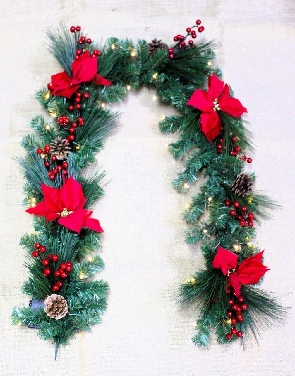 Pre Lit Red Poinsettia Garland With 50 Ww Leds 2M