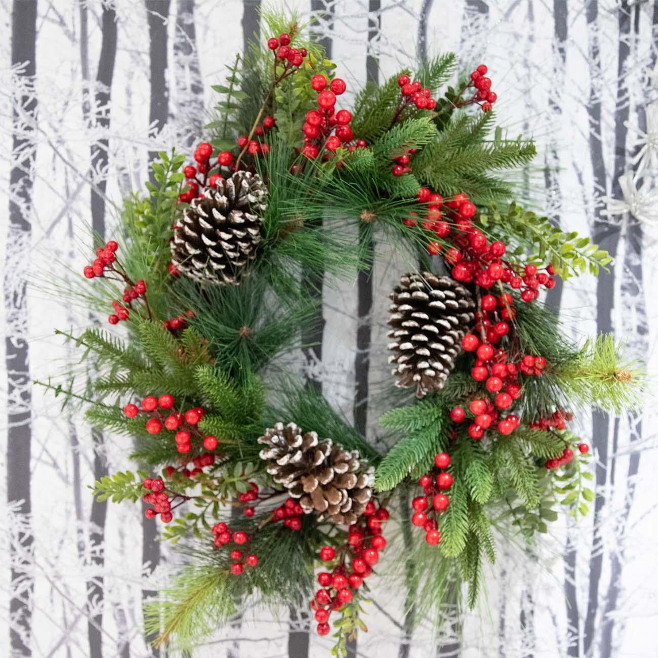 60cm Christmas Wreath Decorated Berry Pine cone Door Wall Xmas Hanging Ornaments