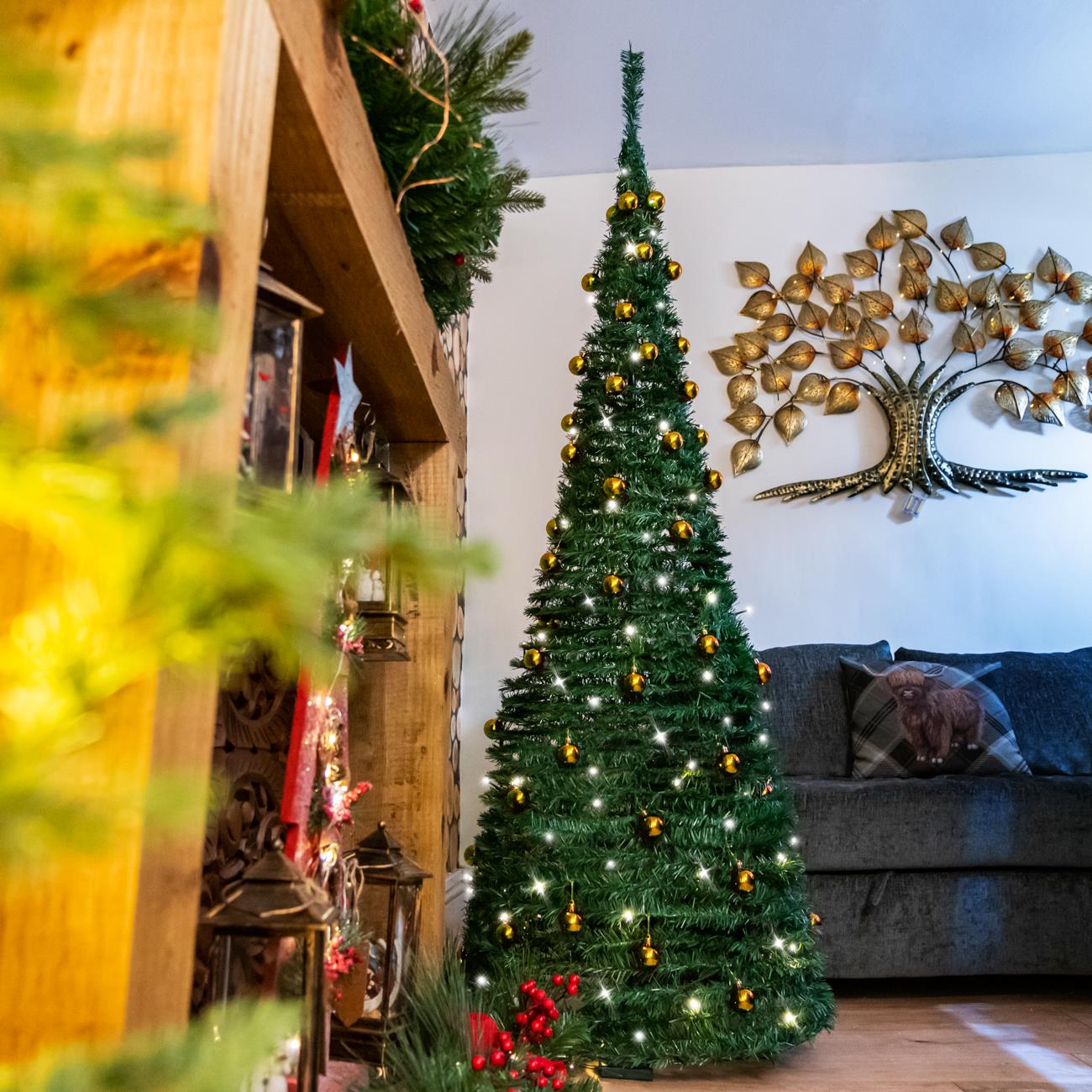 6FT Pop Up Christmas Tree Pre Lit Battery Operated LED Gold Baubles Xmas Decor