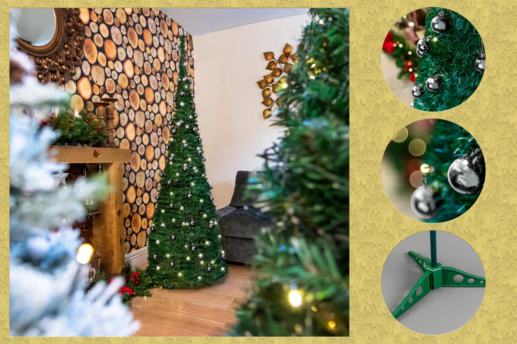 6FT Pop Up Christmas Tree Pre Lit Battery Operated LED Silver Baubles Xmas Decor