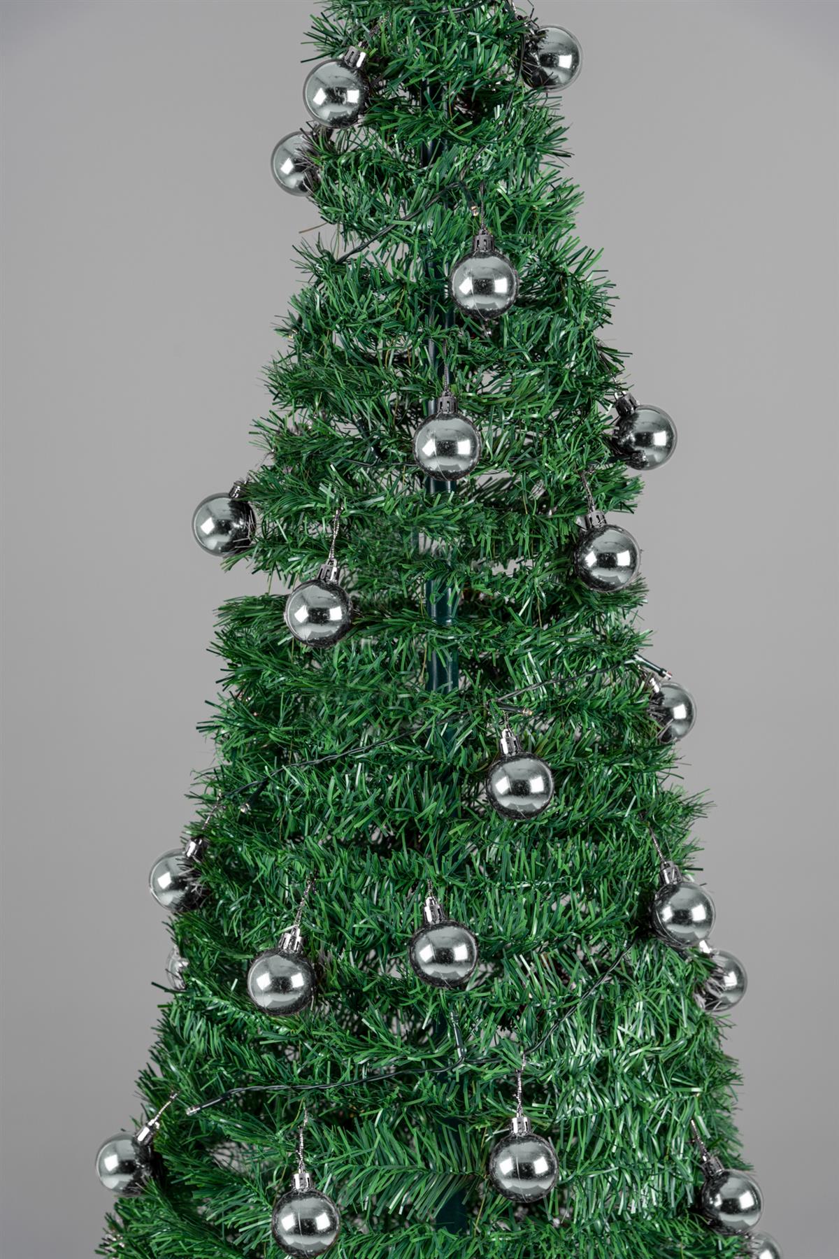 6FT Pop Up Christmas Tree Pre Lit Battery Operated LED Silver Baubles Xmas Decor
