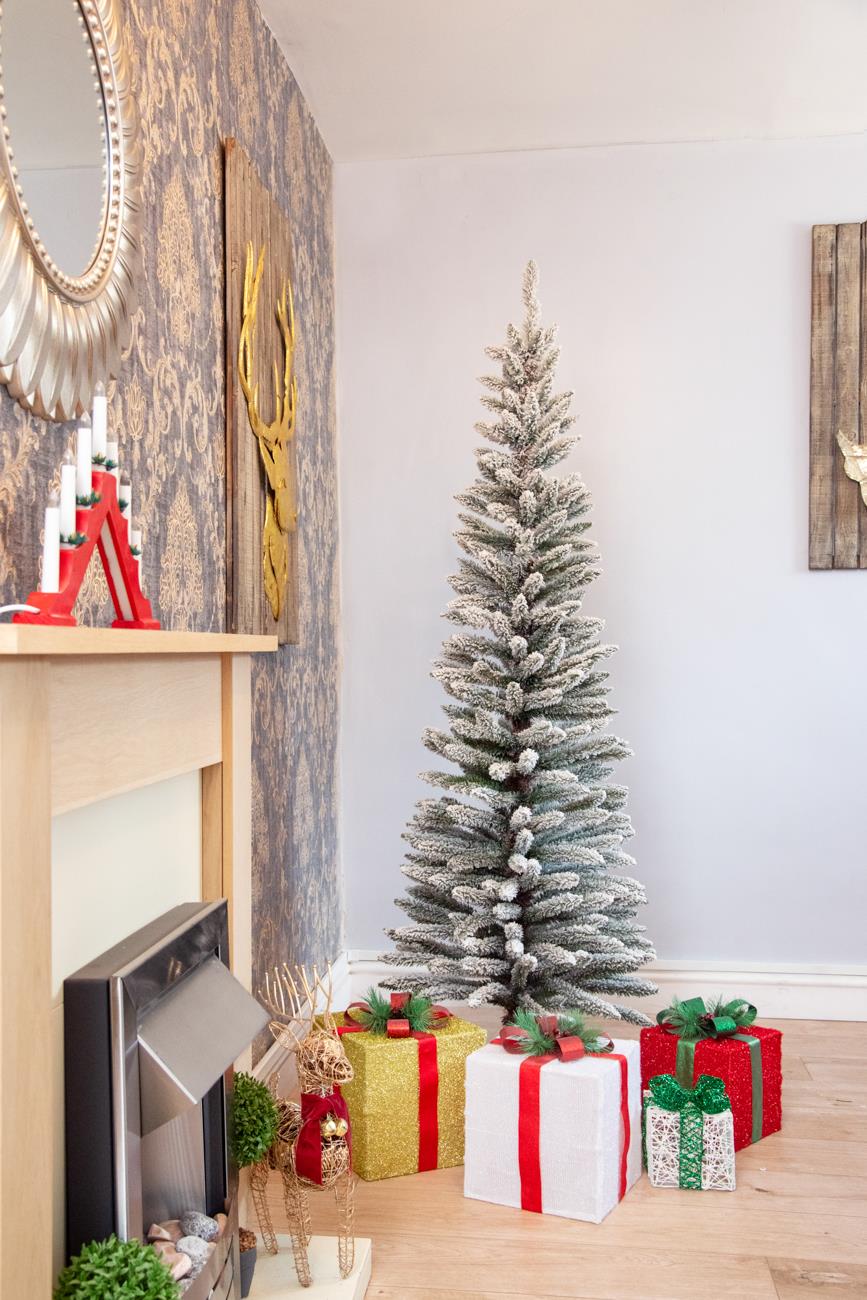 Snow Covered Slim Christmas Tree Pencil Artificial Bushy Pine XMAS HomeDecor 5FT