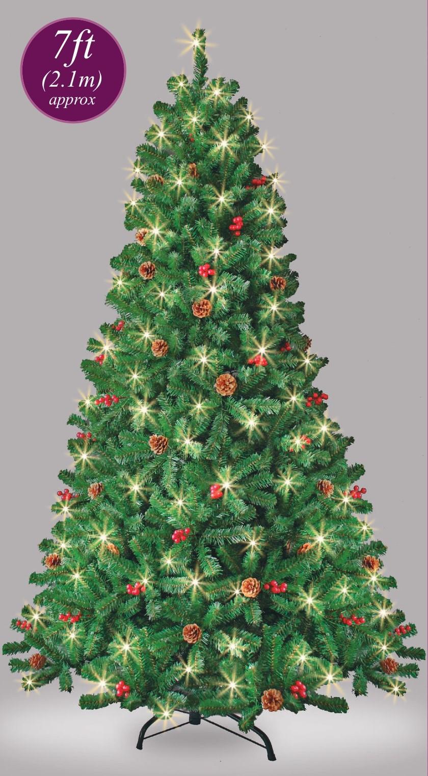 7FT Christmas Tree Pre Lit Bushy LED Decoration Artificial Red Berries Pine Cone