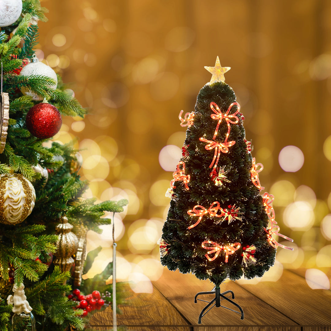 4FT Fibre Optic Christmas Tree Pre-Lit Bushy LED Ribbon-Bows Xmas Home Decor