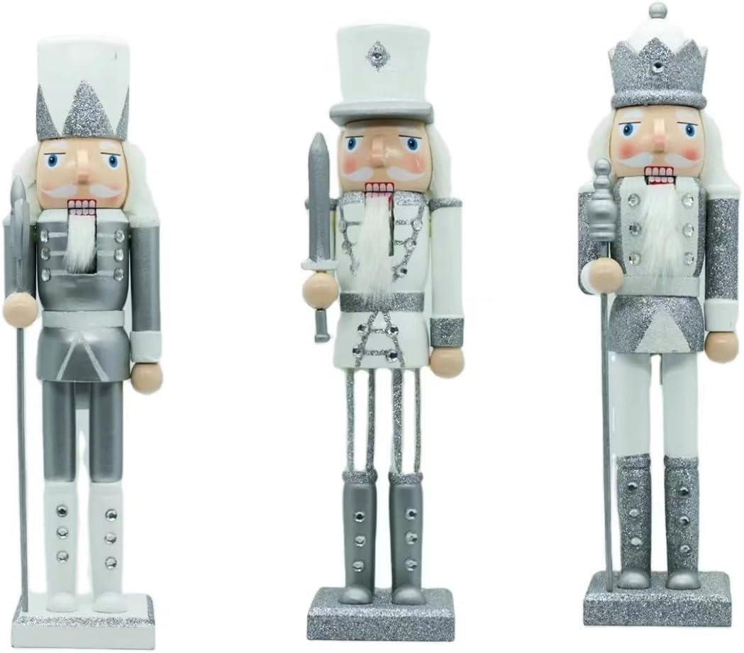 Silver & White Glitter Nutcrackers - 3Pcs Set - Christmas Home Decoration 25Cm