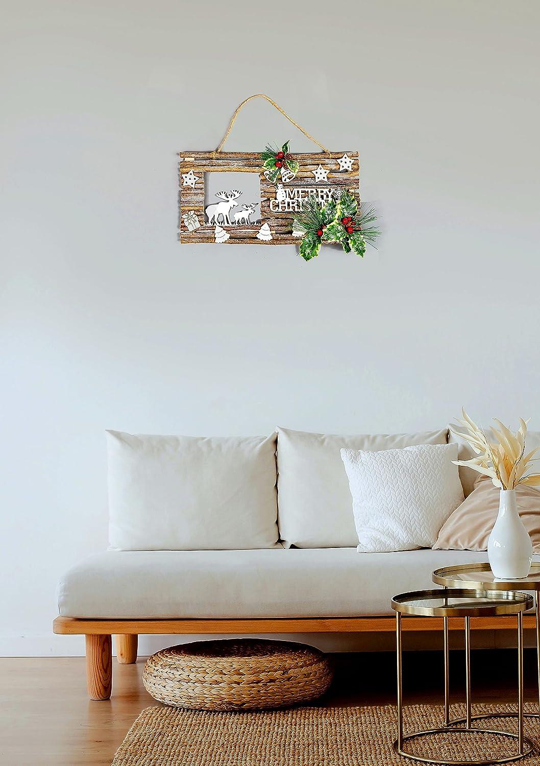 Merry Christmas Wooden Twig Frame 40cm Reindeer Door Wall Xmas Hanging Decor