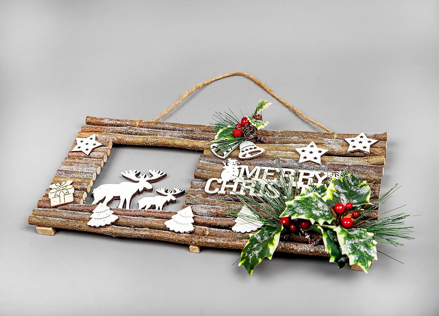 Merry Christmas Wooden Twig Frame 40cm Reindeer Door Wall Xmas Hanging Decor