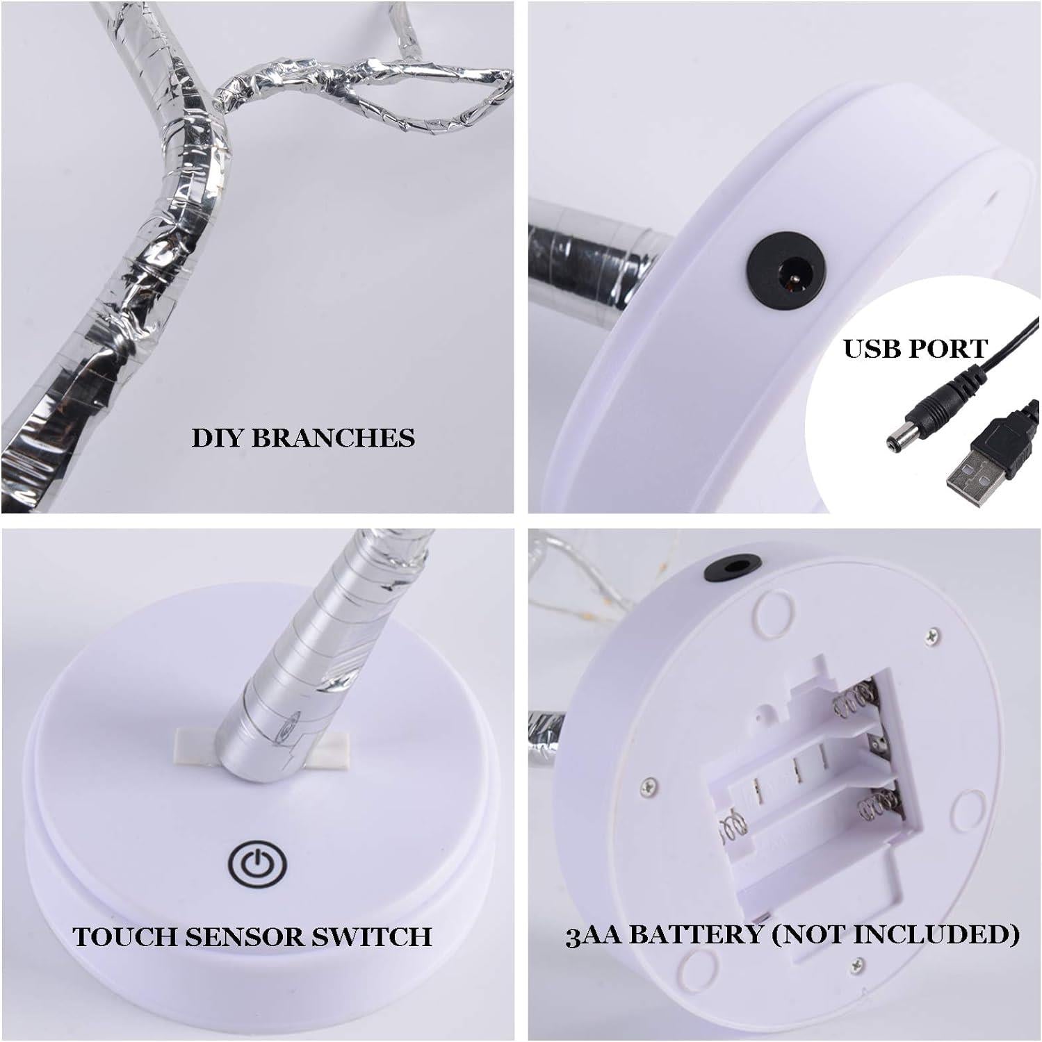 Christmas Bonsai Twig Tree Birch 108 LED Light Tabletop Lamp B/O Xmas Decor 50cm