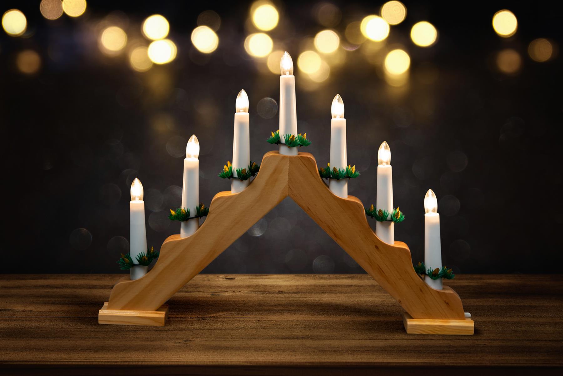 WOODEN CANDLE BRIDGE LIGHTS 7 BULB WINDOW CHRISTMAS DECORATION ARCH BRIDGE