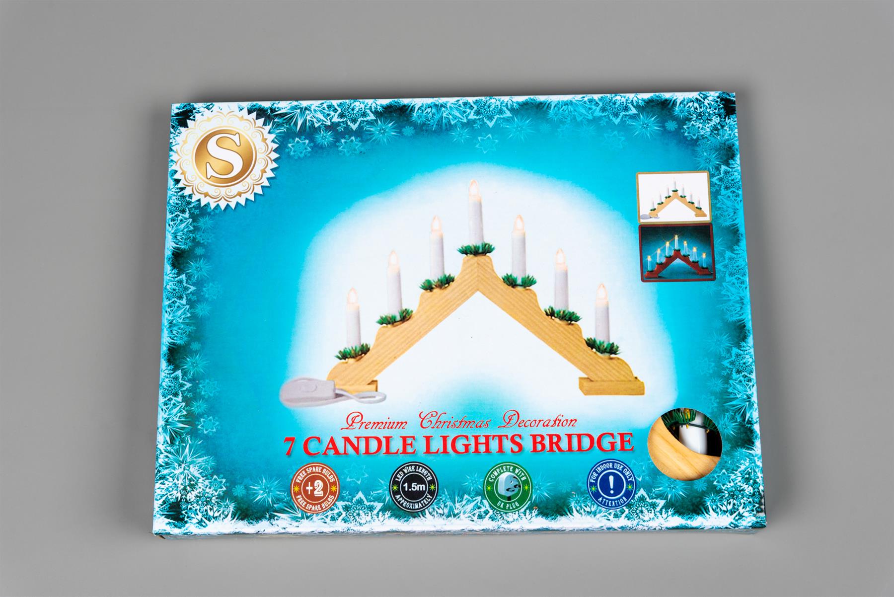WOODEN CANDLE BRIDGE LIGHTS 7 BULB WINDOW CHRISTMAS DECORATION ARCH BRIDGE