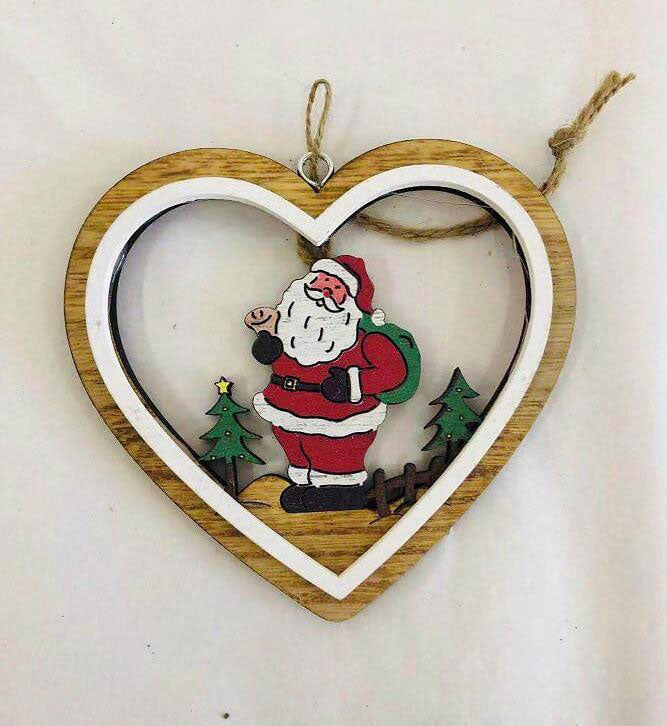Wooden Heart Shape Christmas Tree Hanging Decoration Santa Craft