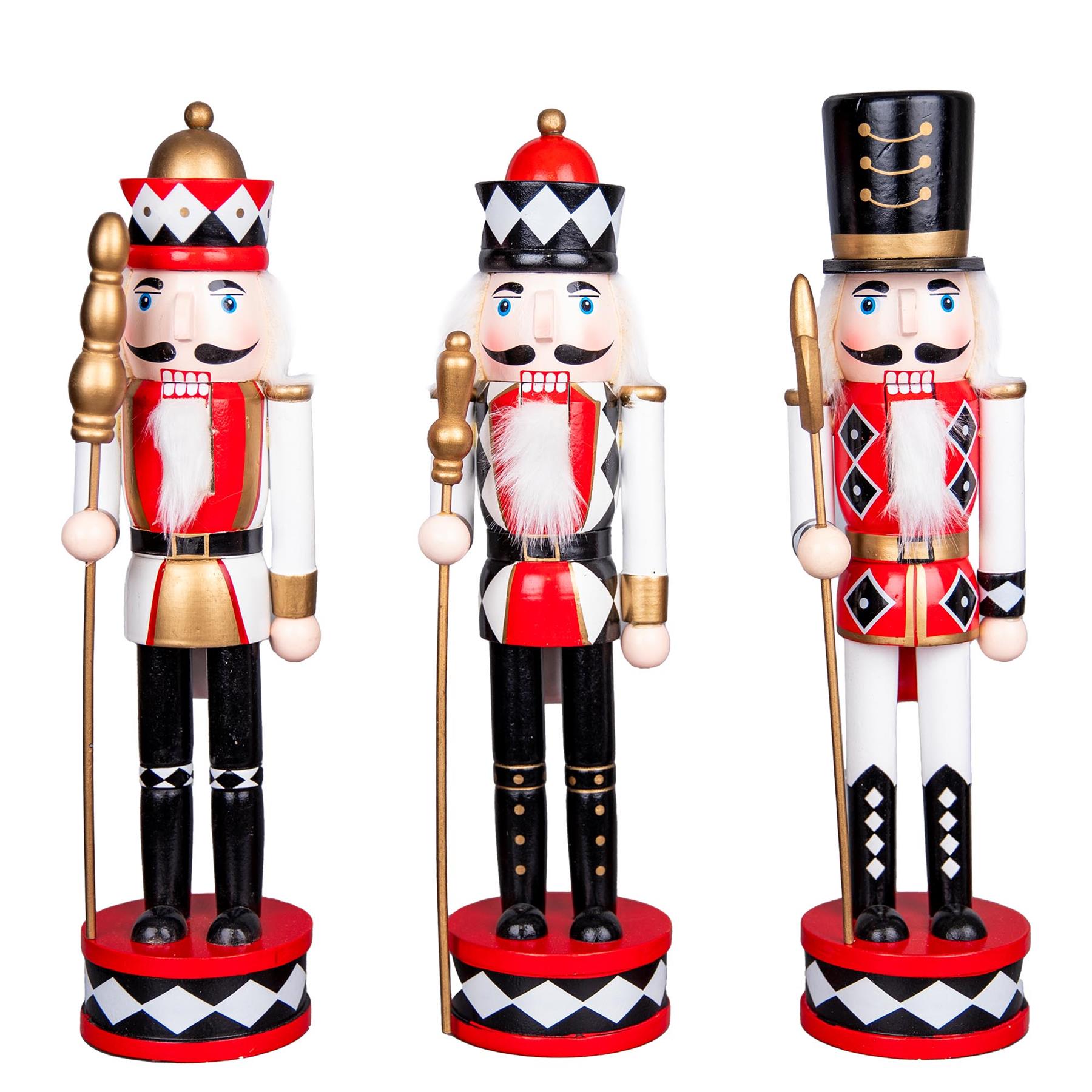 Wooden Nutcrackers Figures Christmas Ornament 3Pcs Set Red And Black 38Cm