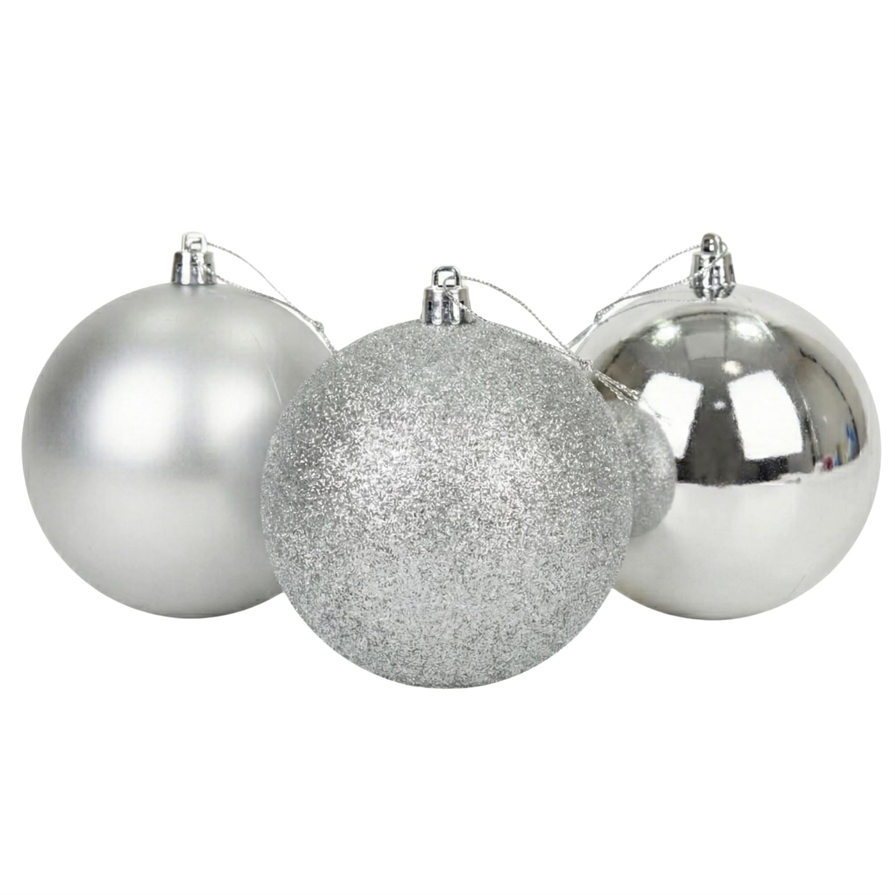 20cm Silver Christmas Baubles – Assorted 3-Pack (Matt & Glitter, Shatterproof)